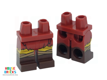LEGO® 6479611 - 107489 - Minifiguur, Heupen met Gele Benen en Donkerbruine Laarzenpatroon met Donkerrode Lendendoek, Donkerbruine Kniewikkelingen