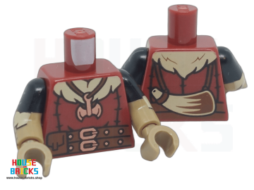 LEGO® 6501613 - 78568 - Minifiguur, Torso, Dubbelgevormde armen met roodbruine riemen, zakken, koperen riemgesp, bijlhanger, hoorn op de rug, zwart mouwpatroon, donkerbruine armen en handen