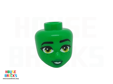LEGO® 6510386 - 109876 - Minipop, Hoofd Zwarte Wenkbrauwen, Limoen Groene Ogen, Groene Lippen, Sproeten, Open Mond Glimlach
