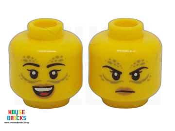 LEGO® 6483301 - 108173 - Minifiguur, Hoofd dubbelzijdig vrouw Zwarte wenkbrauwen, olijfgroene vlekken en lijnen, medium nougat lippen, boos fronsend / open mond lachend