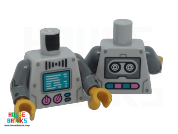 LEGO® 6480915 - 76382 - Minifiguur, Torso, donker turkoois scherm, zwarte vlinderdas, lavendelkleurige knopen, metalen platingprint, donkerblauwgrijze armen, parelgouden wijzers