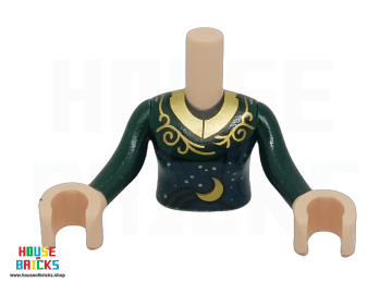 LEGO® 6517955 - 73152 - Minipop, Torso met Jurk, Donkerblauw Ruit patroon, Gouden Versieringen, Kraag, Maan print, Donkergroene Armen, Licht Nougat Kleurige Handen