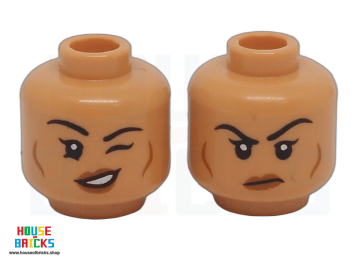 LEGO® 6483282 - 108154 - Minifiguur, Hoofd Tweezijdig Vrouw Zwarte wenkbrauwen, donker oranje lippen en wanglijnen, frons / scheve open mond Glimlach en knipoog
