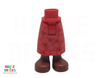 LEGO® 6430757 - 59794 - Minipop, Benen, Rok, Heupen met Enkels, Rode Jurk, Donkerrode / Roze Bloemen, Roodbruine Laarzen
