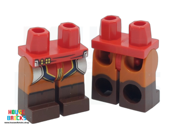 LEGO® Rood - 6483343 - 108208 - Minifiguur, Heupen met donkeroranje benen en donkerbruine laarzen met zilverkleurig pantser, donkerblauwe rood golfkleurige tuniekprint