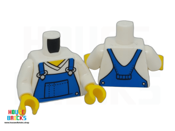 LEGO® 6219621 - 76382 - Minifiguur, Torso, V-hals Shirt met Blauwe Overall, Gestippelde Horizontale Lijn op de Voorkant van de Zak, Witte Mouwen, Gele Handen