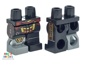 LEGO® 6441229 - 104164 - Minifiguur, Prothetisch Rechterbeen, Zwart Linkerbeen en Heupen met Donkerrood/Gouden Inheemse Decoraties print