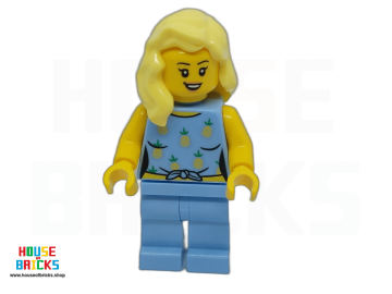 LEGO® cty1660 - City - Minifiguur - Autobestuurder - Vrouw, Fel Lichtblauw Geknoopt Topje met Ananas en Benen, Fel Lichtgeel Haar