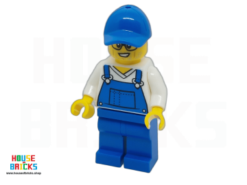 LEGO® cty1661 - City - Minifiguur - Autoreiniger - Man, Blauwe Overall Over V-hals Shirt, Blauwe Benen, Blauwe Pet, Bril, Stoppelbaard