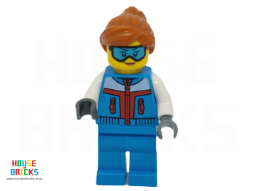 LEGO® cty1683 - City - Minifiguur - IJsbeeldhouwer - Vrouw, Donkerblauwe Jas en Benen, Donkeroranje Paardenstaarthaar, Skibril