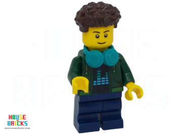 LEGO® cty1685 - City - Minifiguur - Videogamespeler - Man, Donkergroene Hoodie, Donkerblauwe Middellange Benen, Donkerbruin Opgerold Haar, Donkerturquoise Koptelefoon