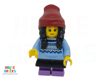 LEGO® cty1686 - City - Minifiguur - Kind - Meisje, Fel Lichtblauwe Gebreide Fair Isle Trui, Medium Lavendelkleurige Korte Pijpen, Donkerrode Muts met Zwart Haar, Zwarte Rok (TikTok Fan)